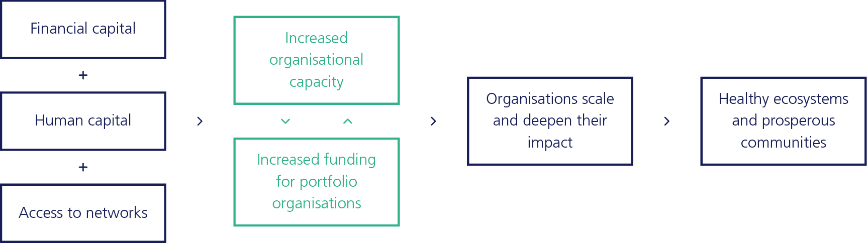 Diagram showing LGT Venture Philanthropy’s Theory of Change: financial and human capital plus access to networks strengthen organisational capacity and funding, enabling organisations to scale impact and support prosperous communities.