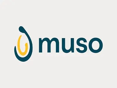 Muso Logo mit einem weissen, stilisierten Tropfensymbol auf einem hellblauen Hintergrund